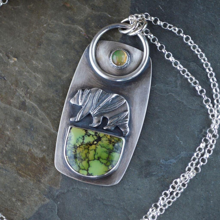 Natural Necklace Bear Motif with Turquoise Stone Pendant in Silver - Gayle Dowell