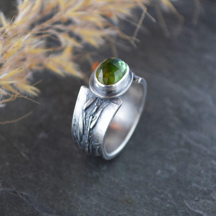 Rustic Ring with Indiangrass Texture and Tourmaline Gemstone - Gayle Dowell