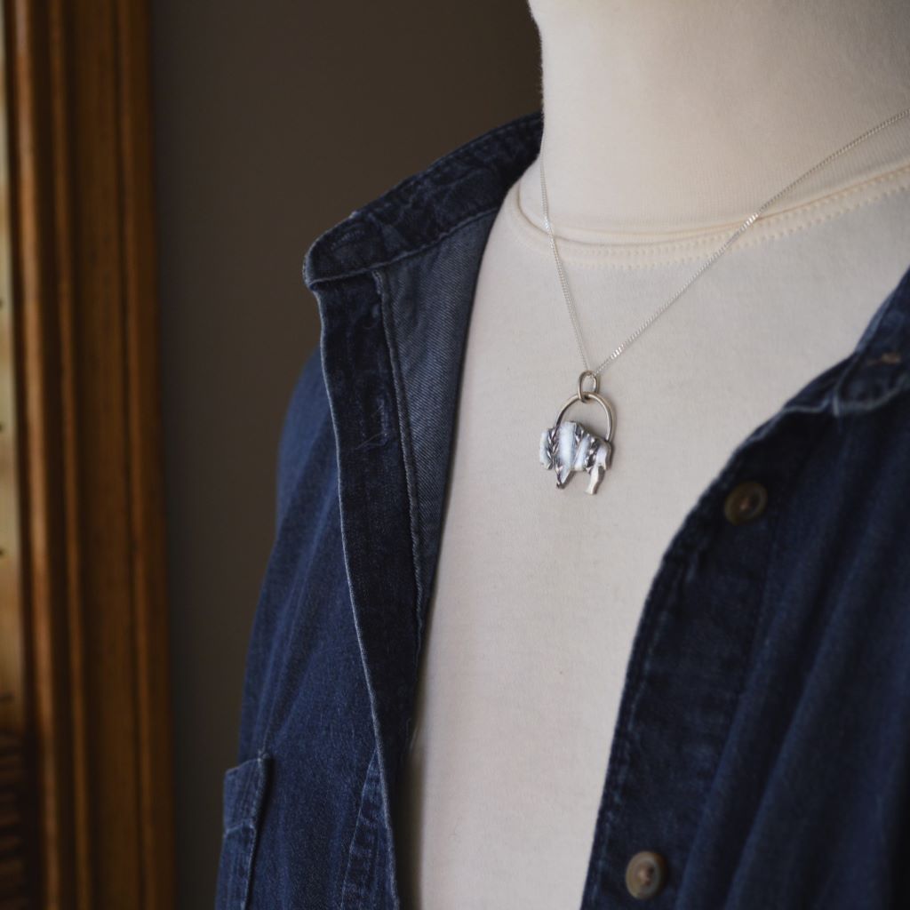 Silver Bison Pendant Necklace Textured with Cedar