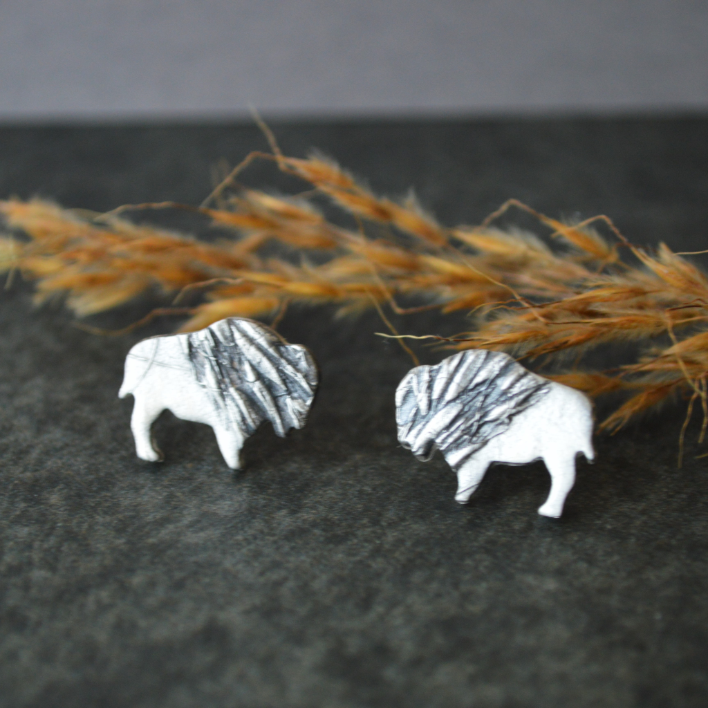 Silver Bison Stud Earrings, Indiangrass Texture