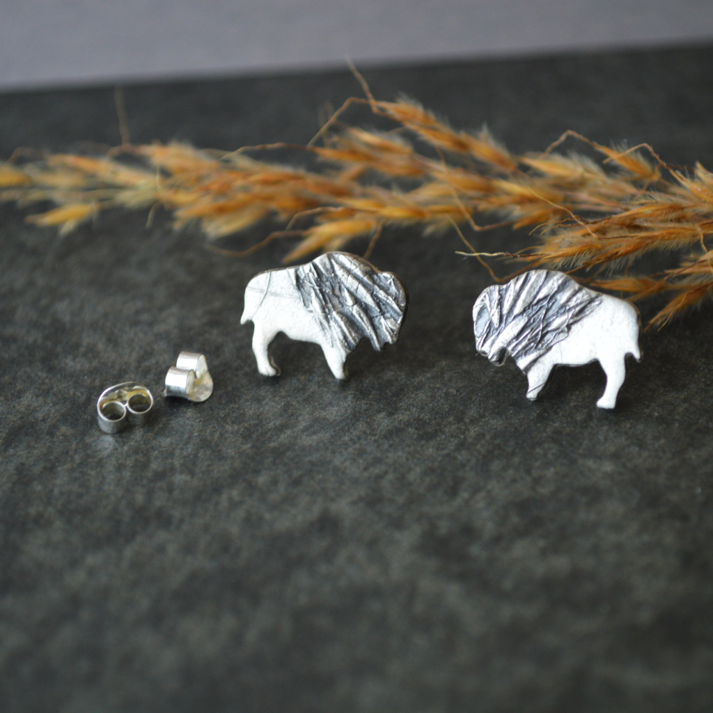 Silver Bison Stud Earrings, Indiangrass Texture