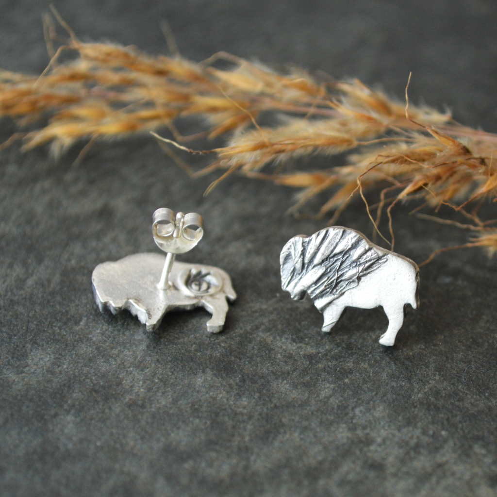 Silver Bison Stud Earrings, Indiangrass Texture