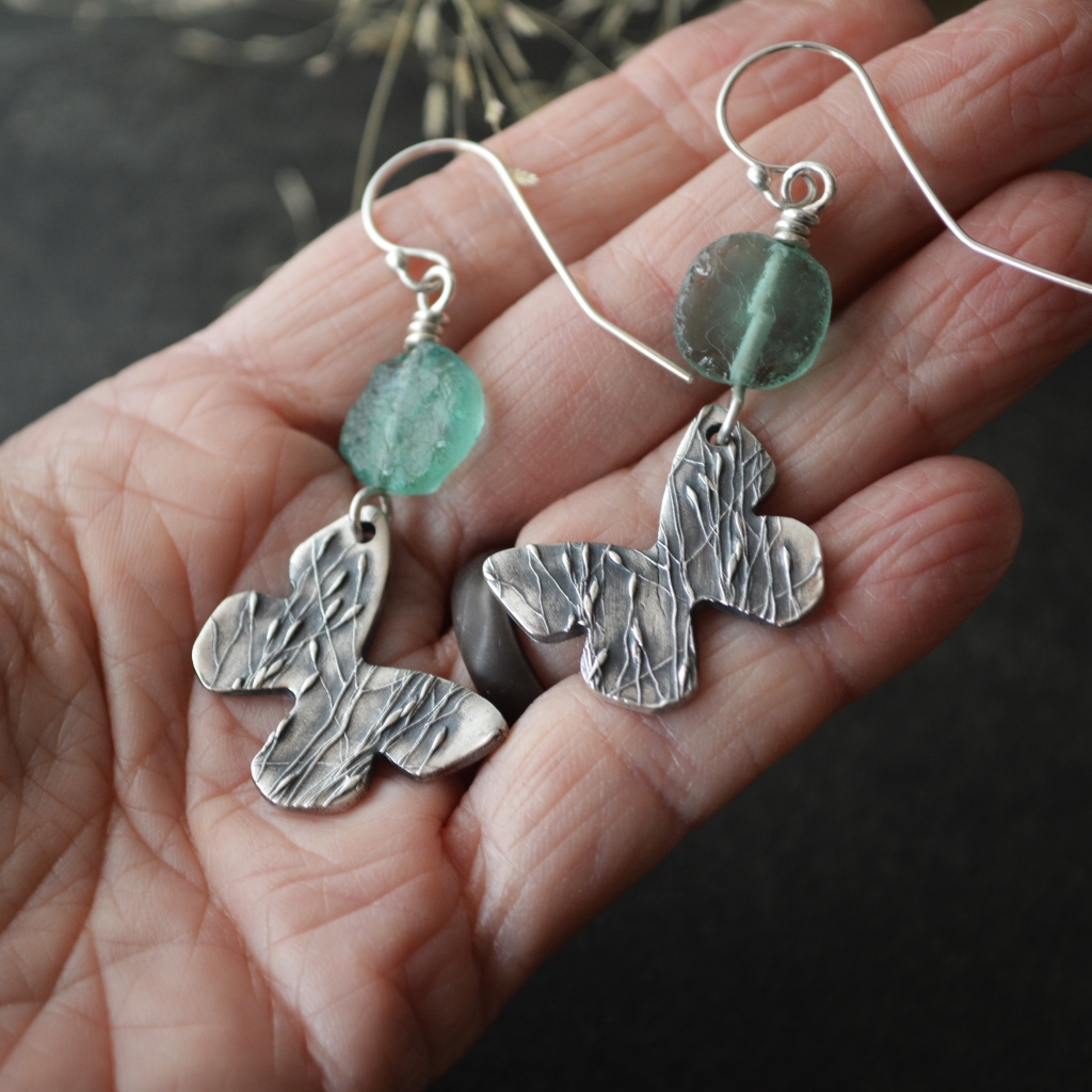 Silver Butterfly Earrings with Ancient Roman Glass