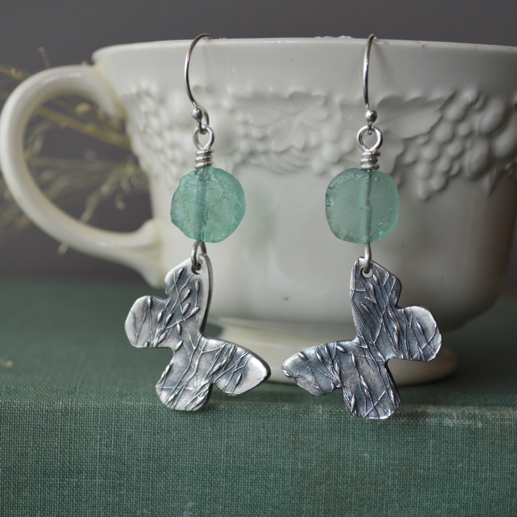 Silver Butterfly Earrings with Ancient Roman Glass