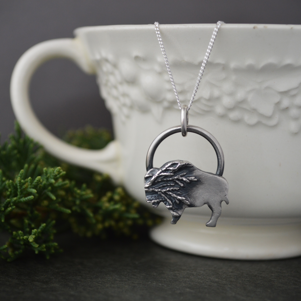 Silver Bison Pendant Necklace Textured with Cedar