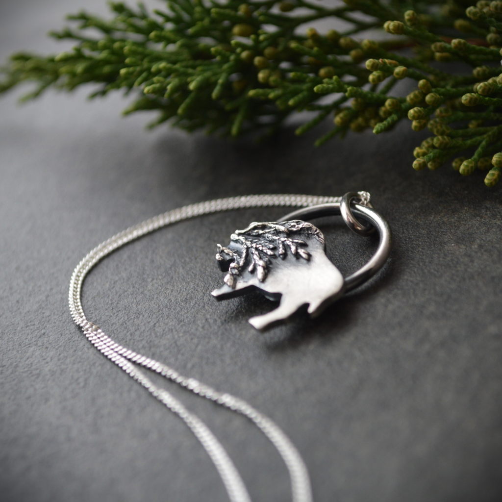 Silver Bison Pendant Necklace Textured with Cedar