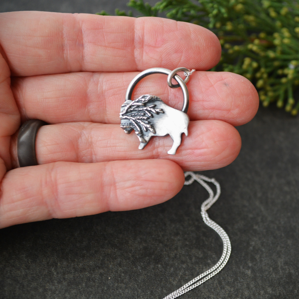 Silver Bison Pendant Necklace Textured with Cedar