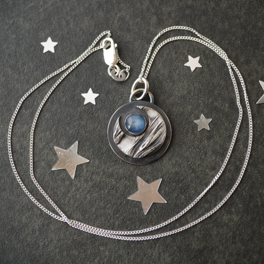 Silver Crescent Moon Necklace with Blue Kyanite Gemstone