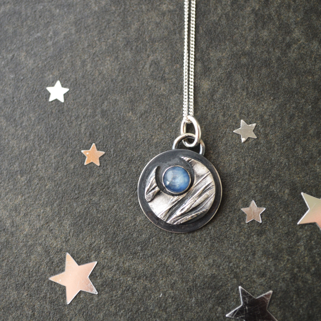 Silver Crescent Moon Necklace with Blue Kyanite Gemstone