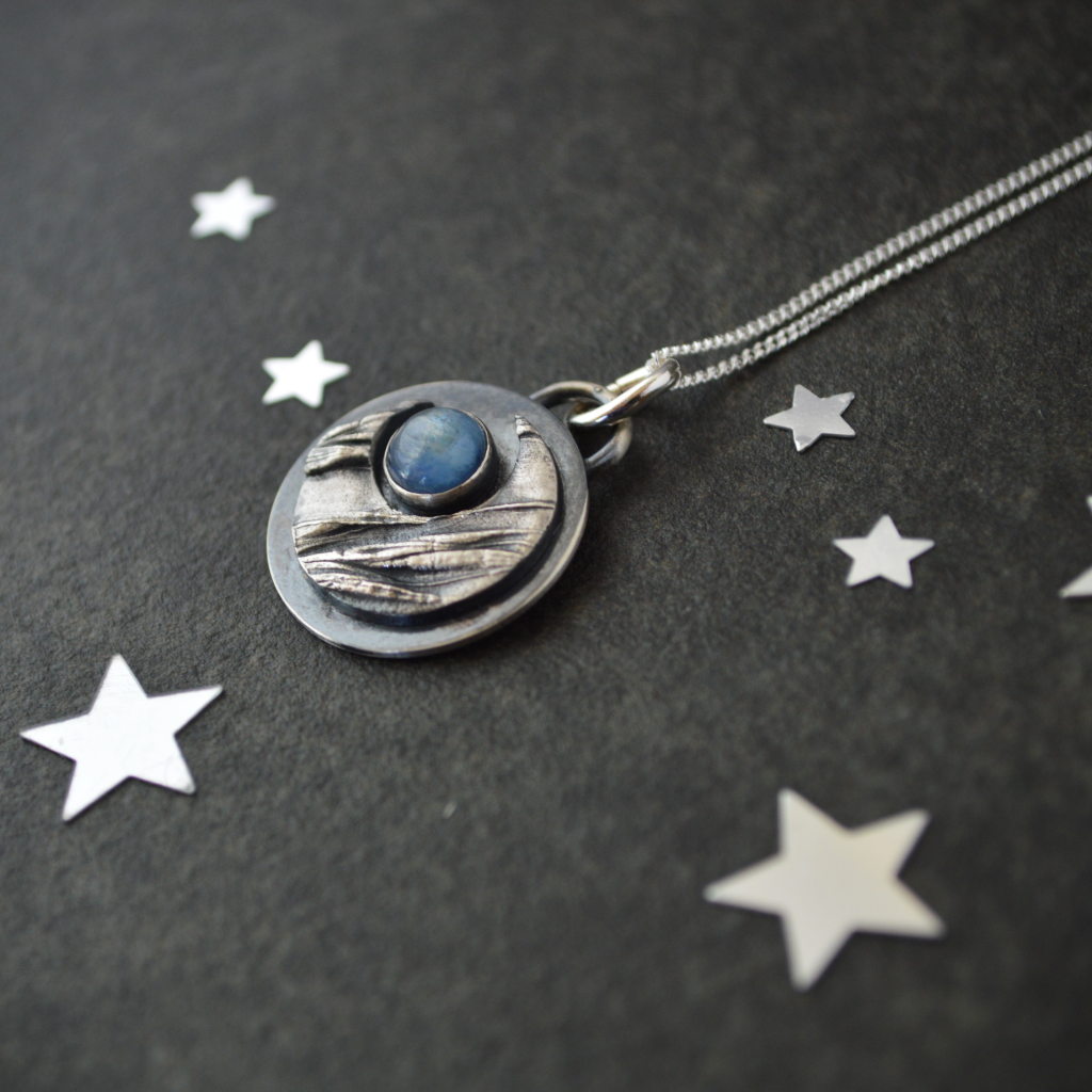 Silver Crescent Moon Necklace with Blue Kyanite Gemstone