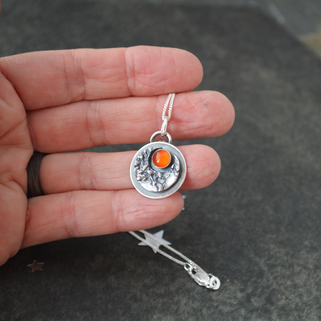 Crescent Moon Necklace, Goldenrod with Amber