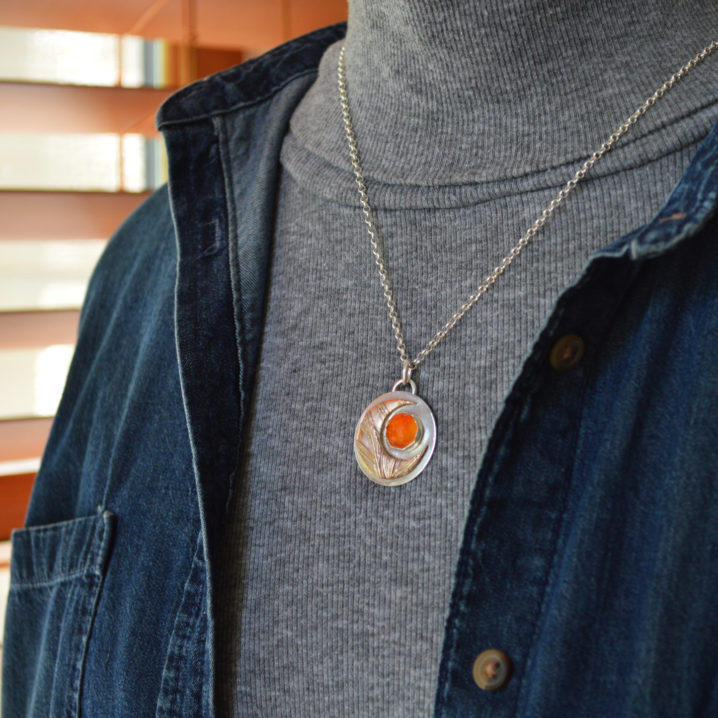 Bronze Moon Necklace, Sage and Carnelian