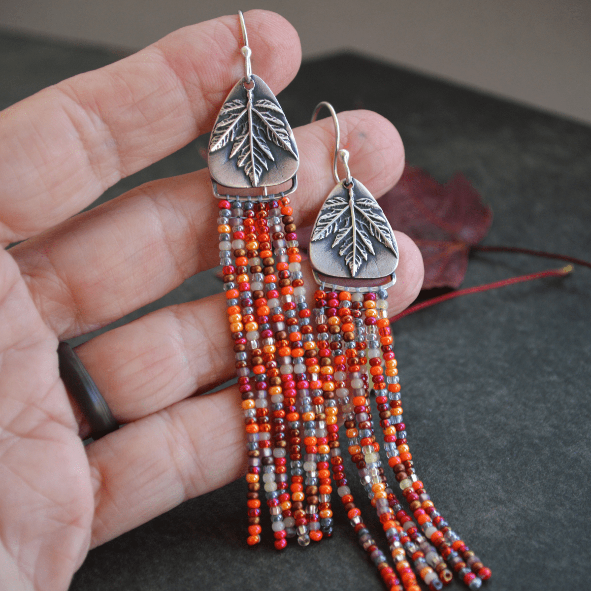 Beaded Earrings, Maple Leaf in Fine Silver - Gayle Dowell