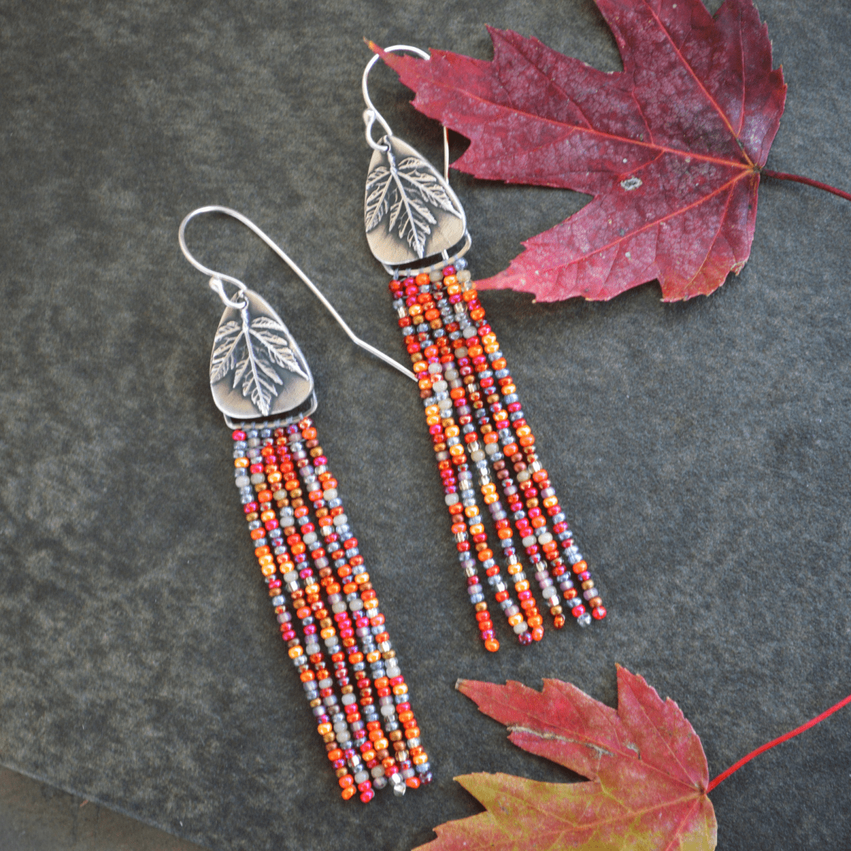 Beaded Earrings, Maple Leaf in Fine Silver - Gayle Dowell