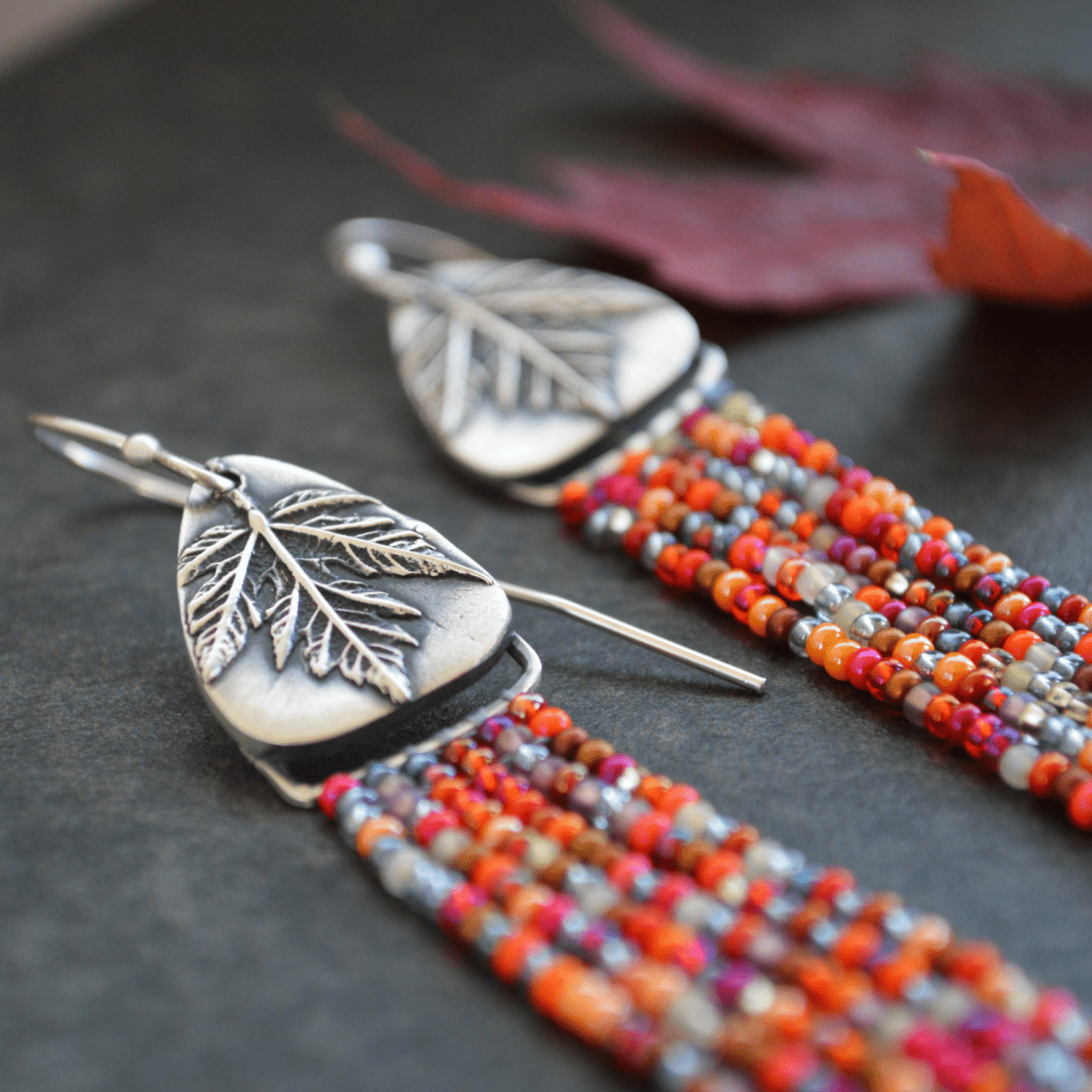 Beaded Earrings, Maple Leaf in Fine Silver - Gayle Dowell