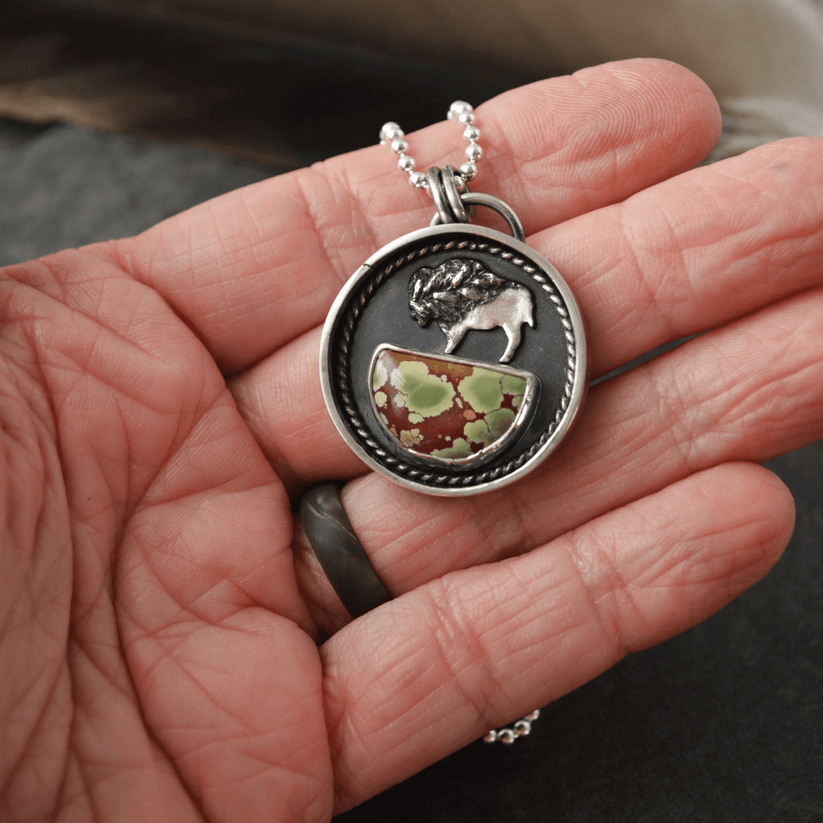 Bison Pendant with Bamboo Mountain Turquoise - Gayle Dowell