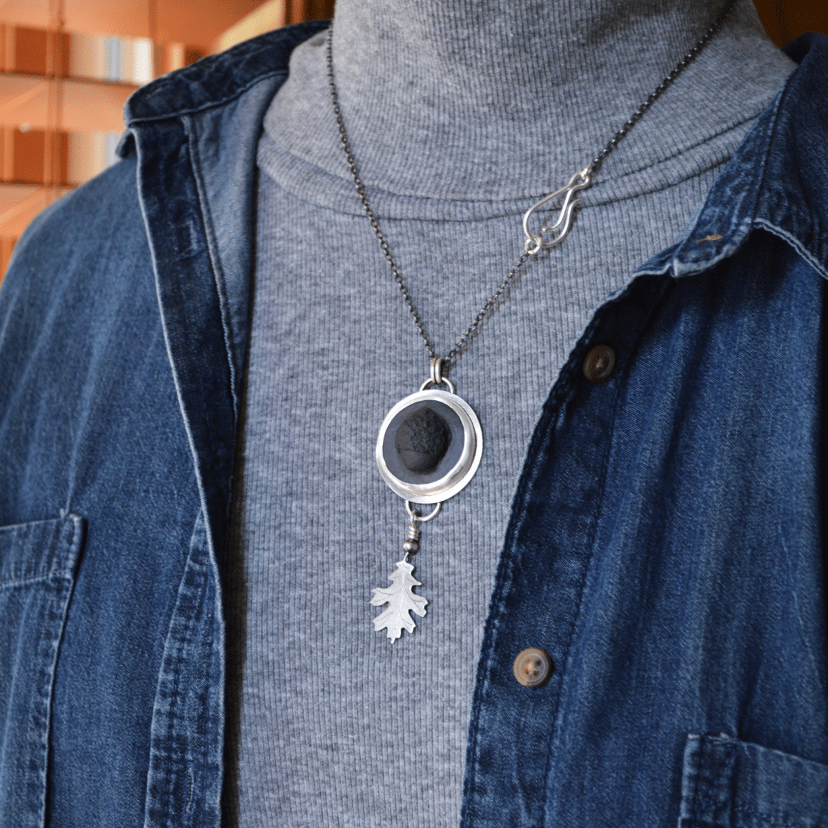Black Porcelain Acorn and Sterling Oak Leaf Necklace - Gayle Dowell