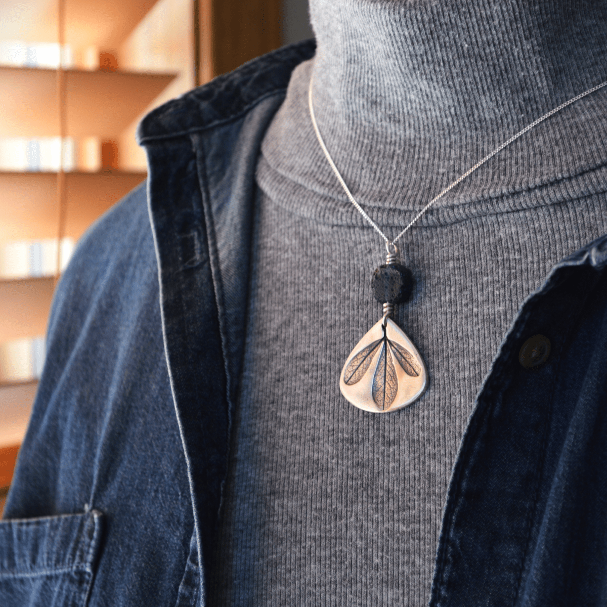 Blue Wild Indigo Leaf Silver Necklace with Glass - Gayle Dowell