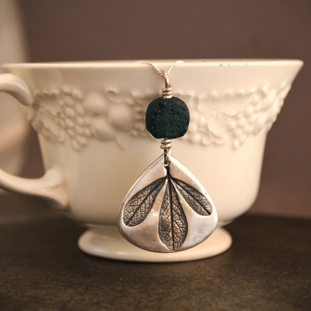 Blue Wild Indigo Leaf Silver Necklace with Glass - Gayle Dowell