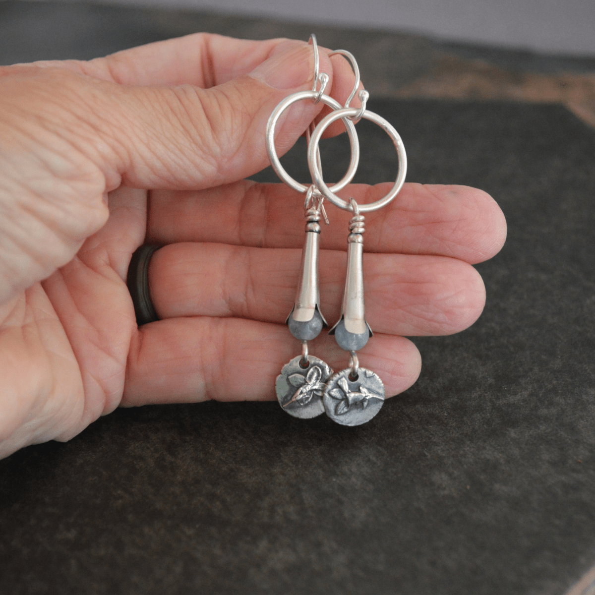 Bluets and Aquamarine Squash Blossom Earrings - Gayle Dowell