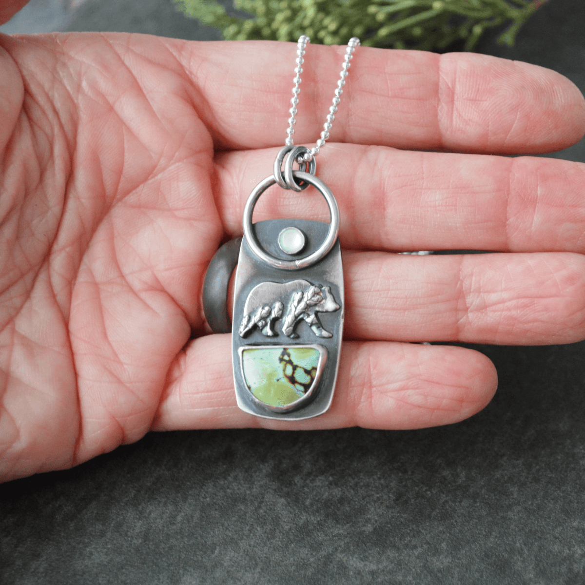 Cedar Bear Necklace, Turquoise and Mother - of - Pearl Moon - Gayle Dowell