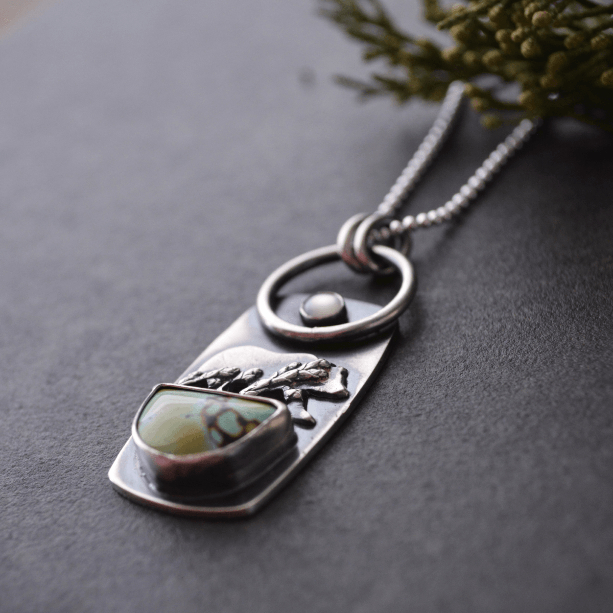 Cedar Bear Necklace, Turquoise and Mother - of - Pearl Moon - Gayle Dowell