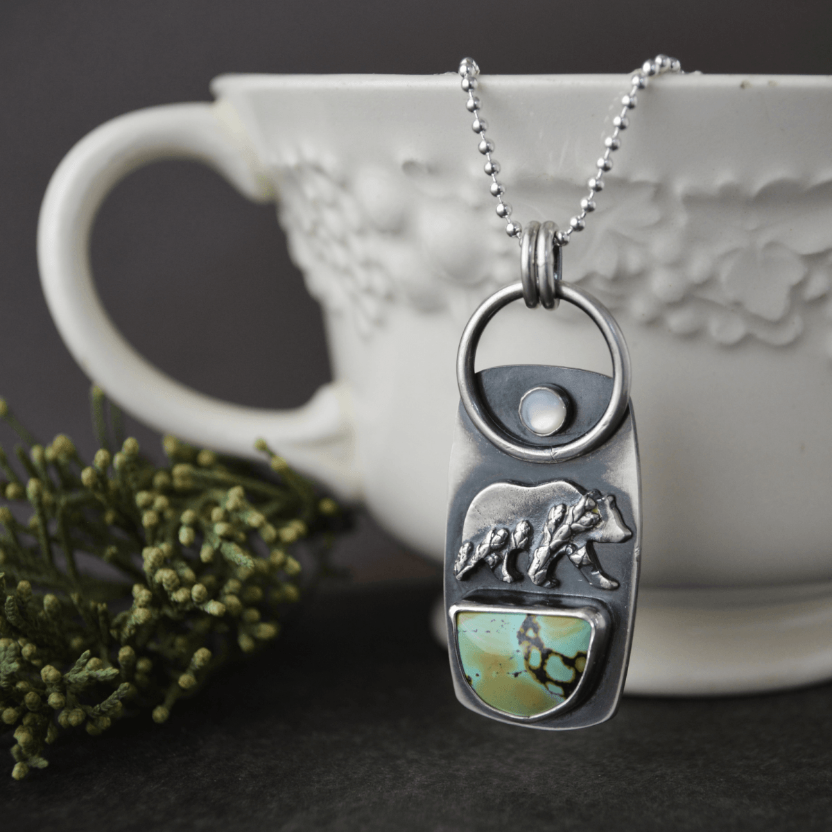 Cedar Bear Necklace, Turquoise and Mother - of - Pearl Moon - Gayle Dowell