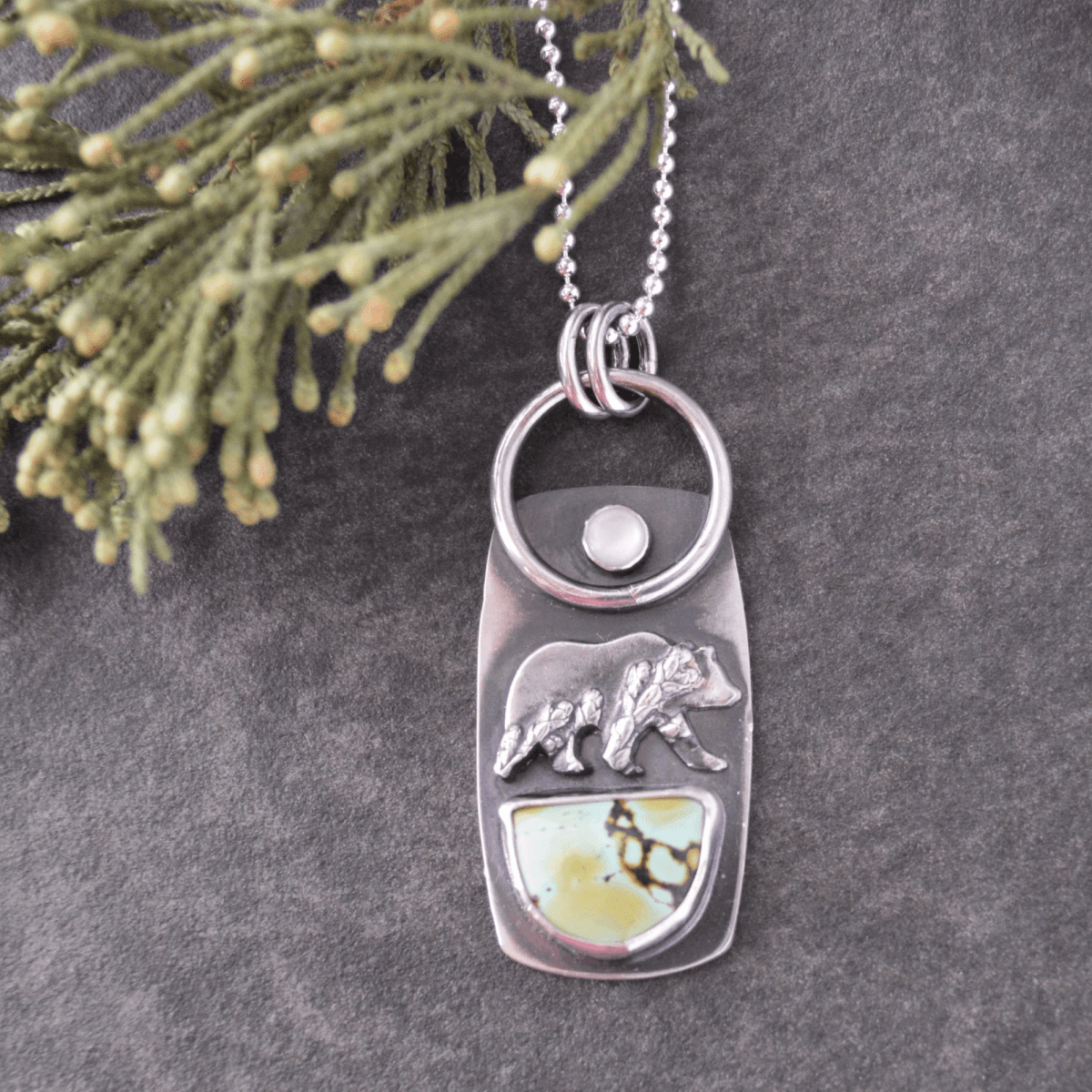 Cedar Bear Necklace, Turquoise and Mother - of - Pearl Moon - Gayle Dowell