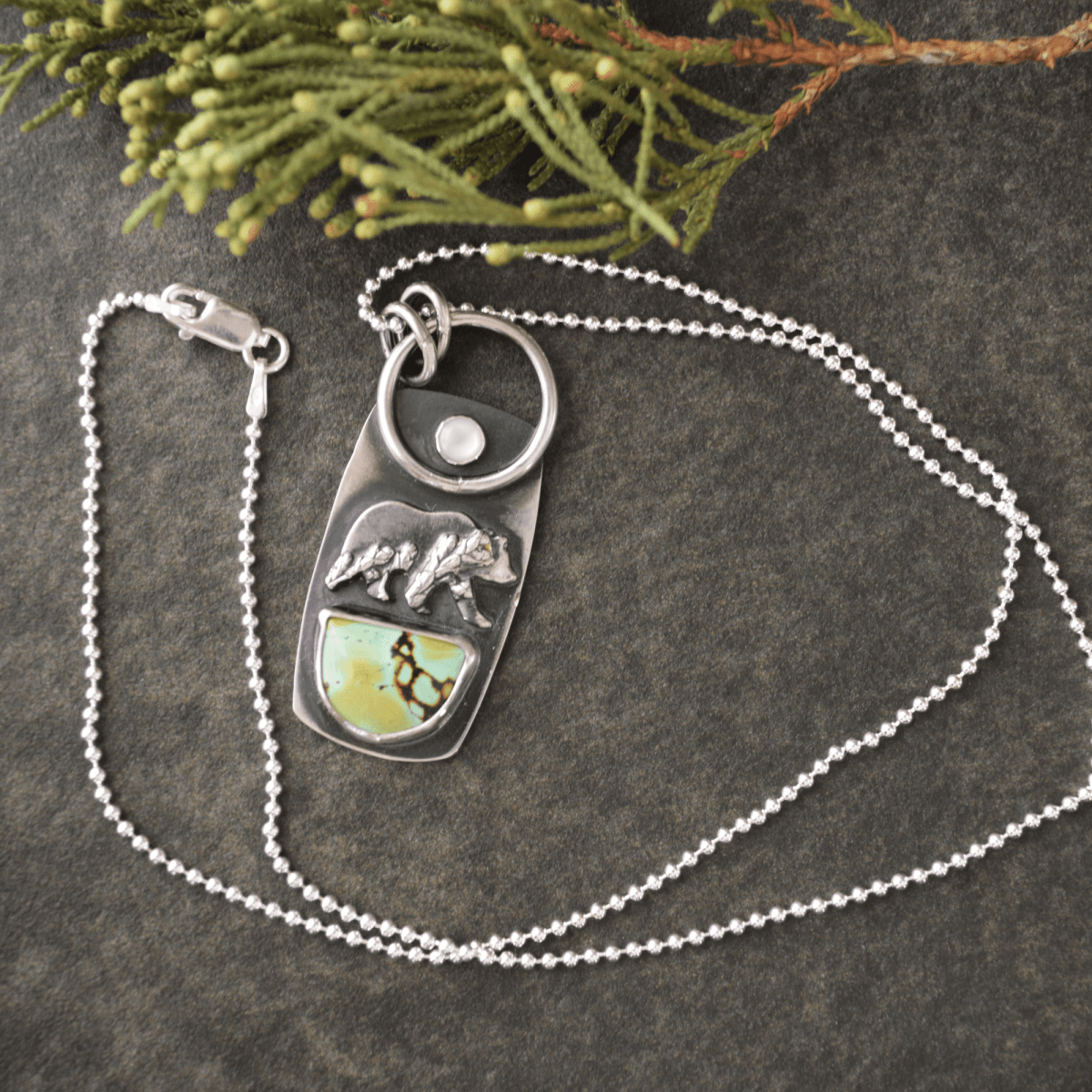 Cedar Bear Necklace, Turquoise and Mother - of - Pearl Moon - Gayle Dowell