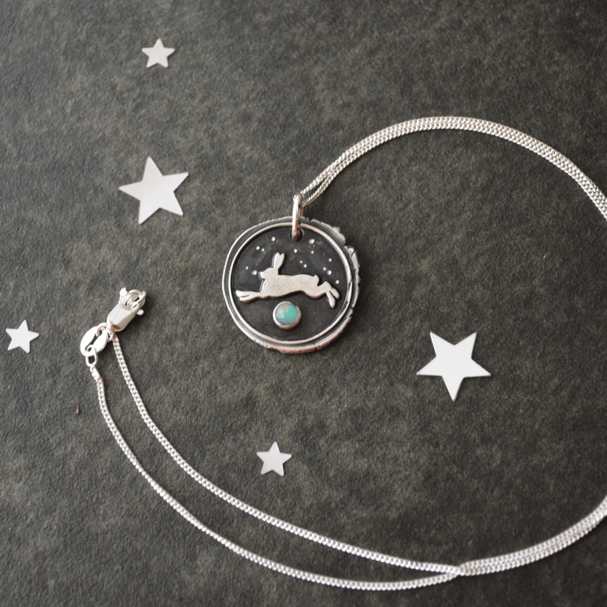 Celestial Rabbit Pendant in Fine Silver with White Opal - Gayle Dowell