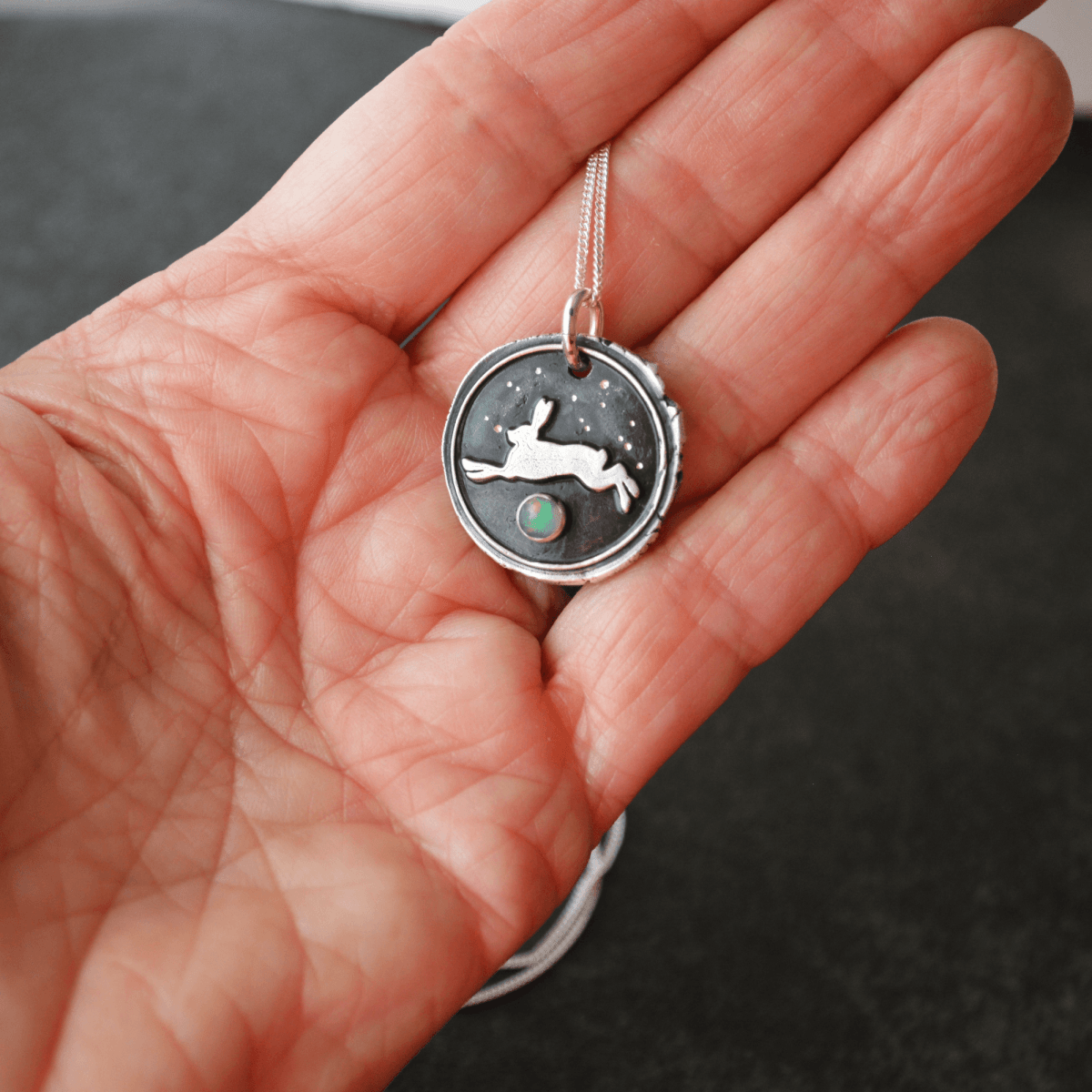 Celestial Rabbit Pendant in Fine Silver with White Opal - Gayle Dowell