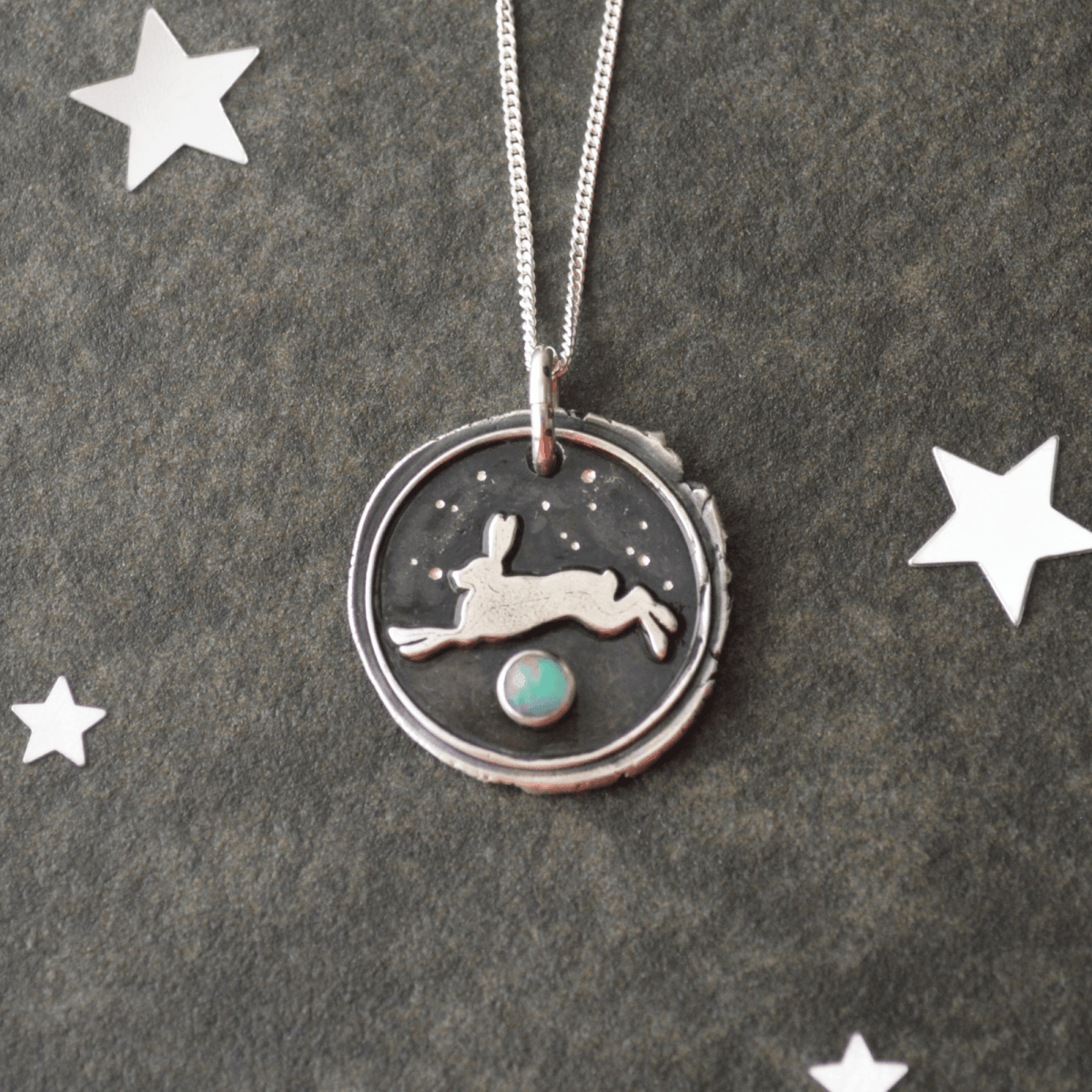 Celestial Rabbit Pendant in Fine Silver with White Opal - Gayle Dowell