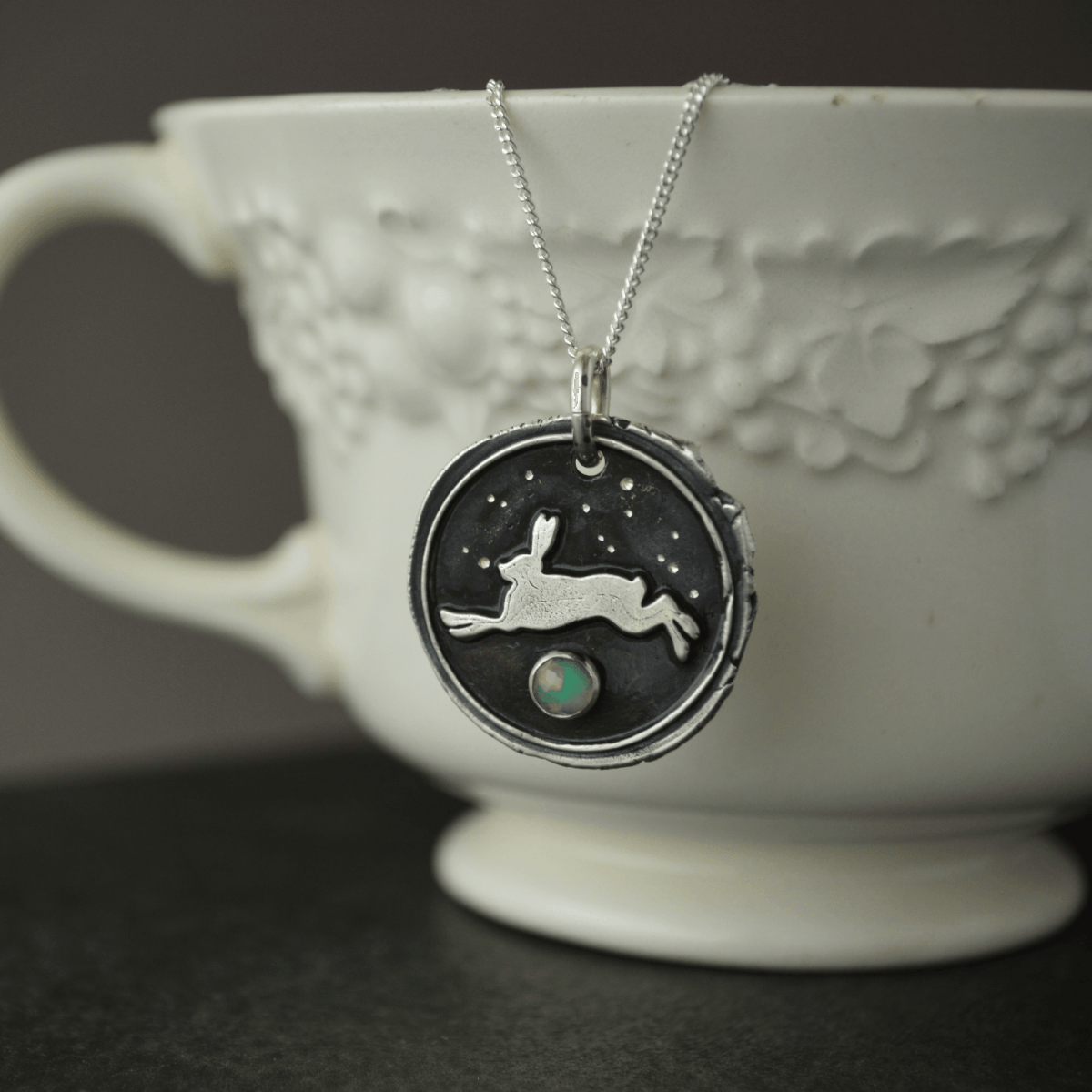 Celestial Rabbit Pendant in Fine Silver with White Opal - Gayle Dowell