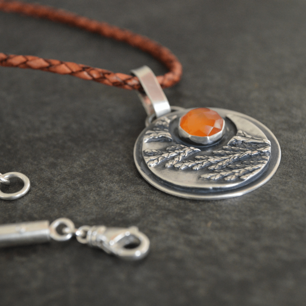 Crescent Moon Necklace, Cedar and Carnelian - Gayle Dowell