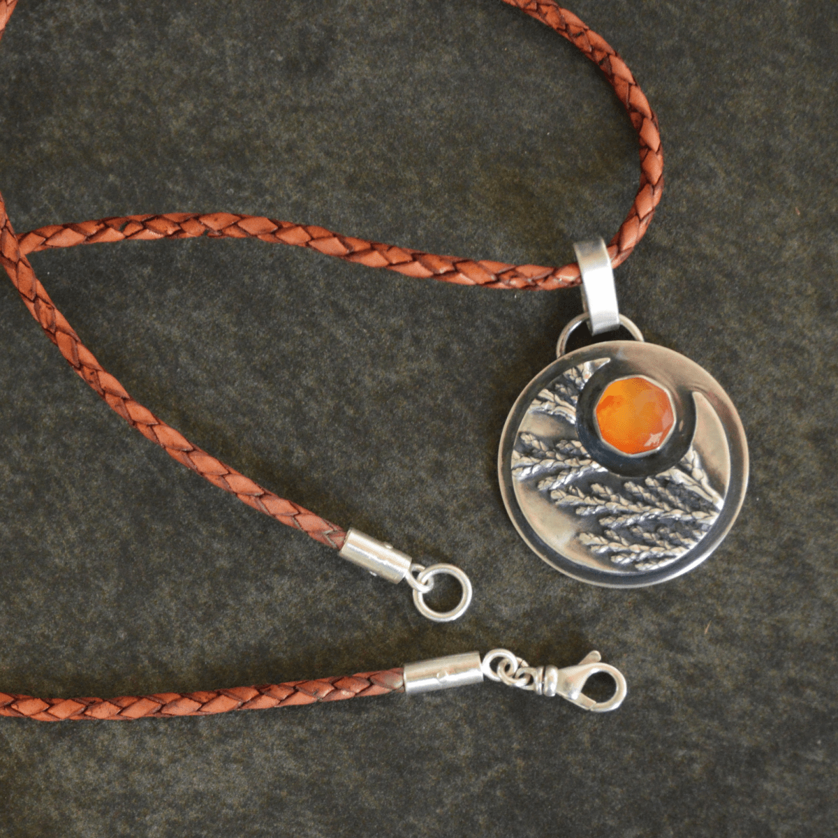 Crescent Moon Necklace, Cedar and Carnelian - Gayle Dowell