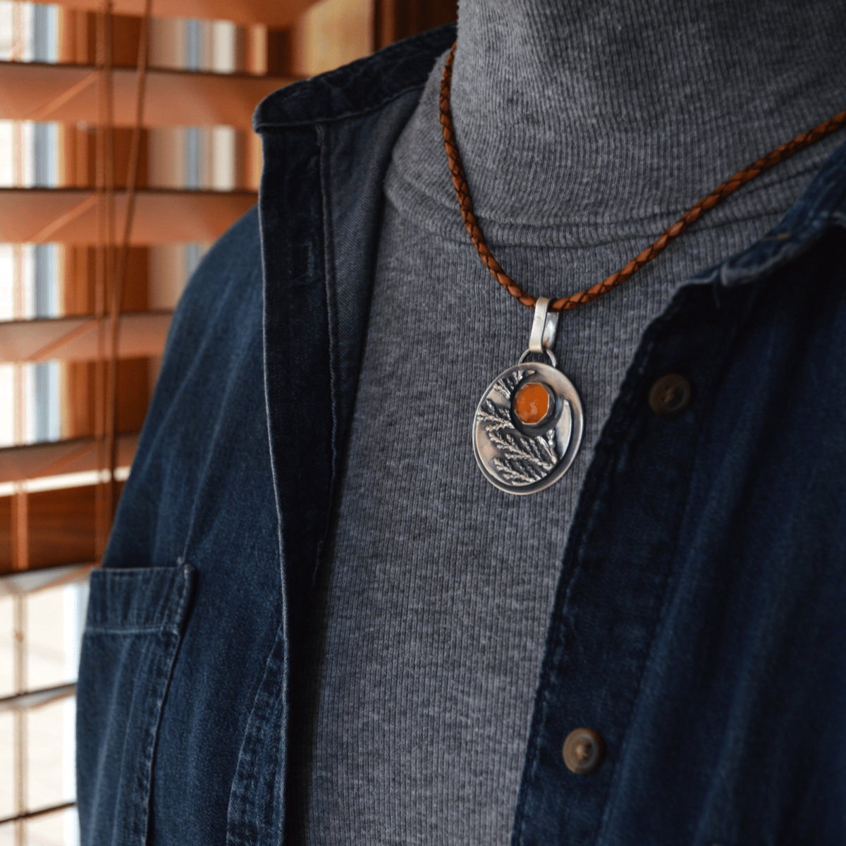 Crescent Moon Necklace, Cedar and Carnelian - Gayle Dowell