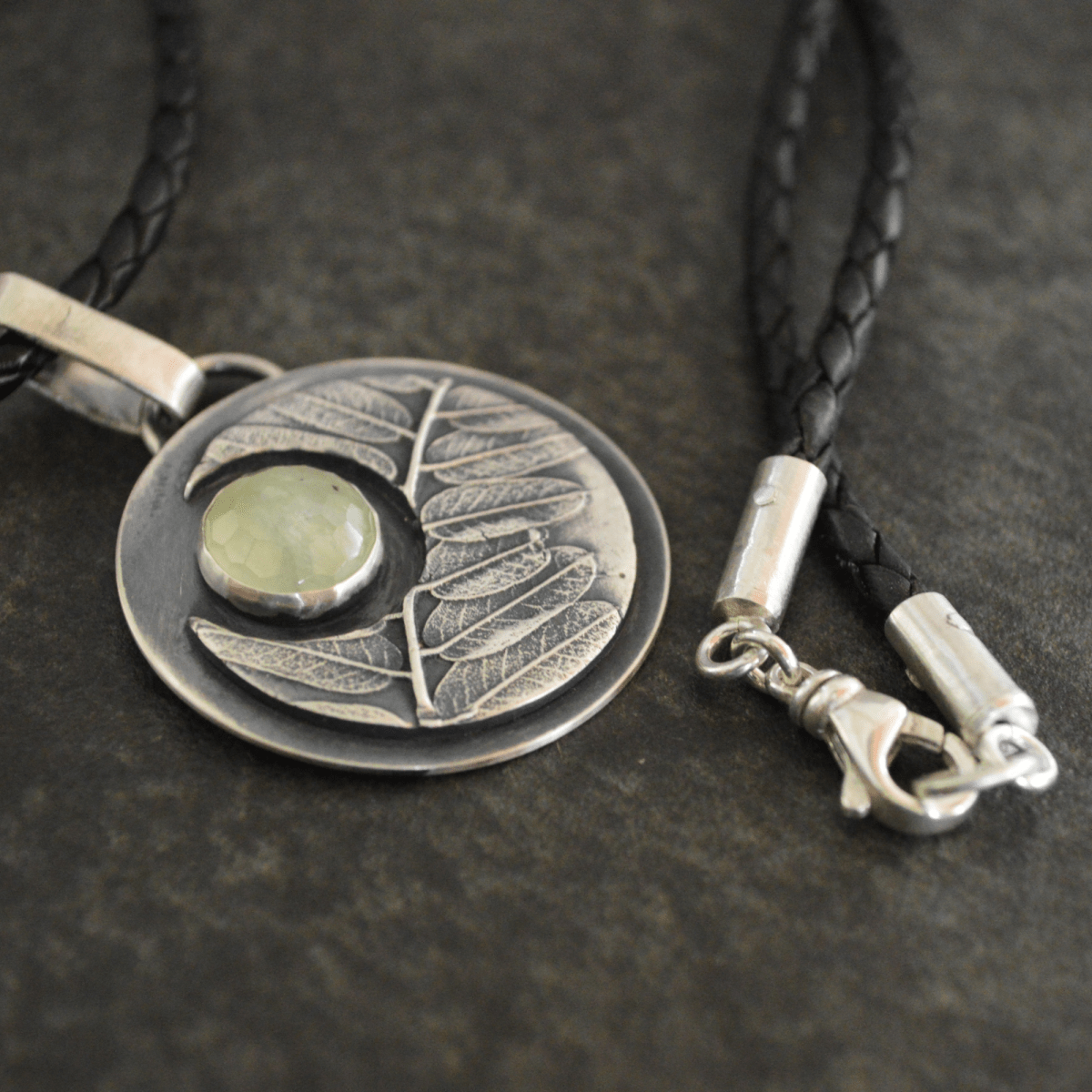 Crescent Moon Necklace, Leadplant and Prehnite - Gayle Dowell