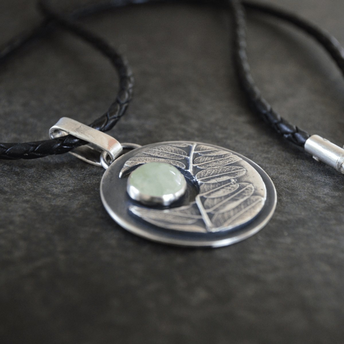 Crescent Moon Necklace, Leadplant and Prehnite - Gayle Dowell