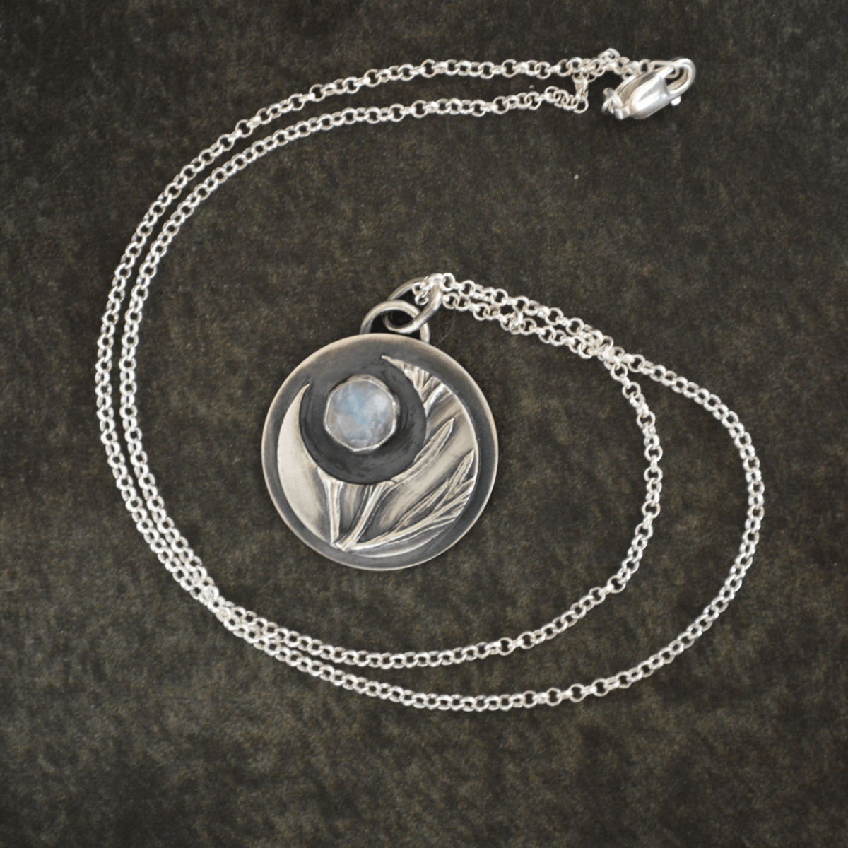 Crescent Moon Necklace, White Sage and Rainbow Moonstone - Gayle Dowell