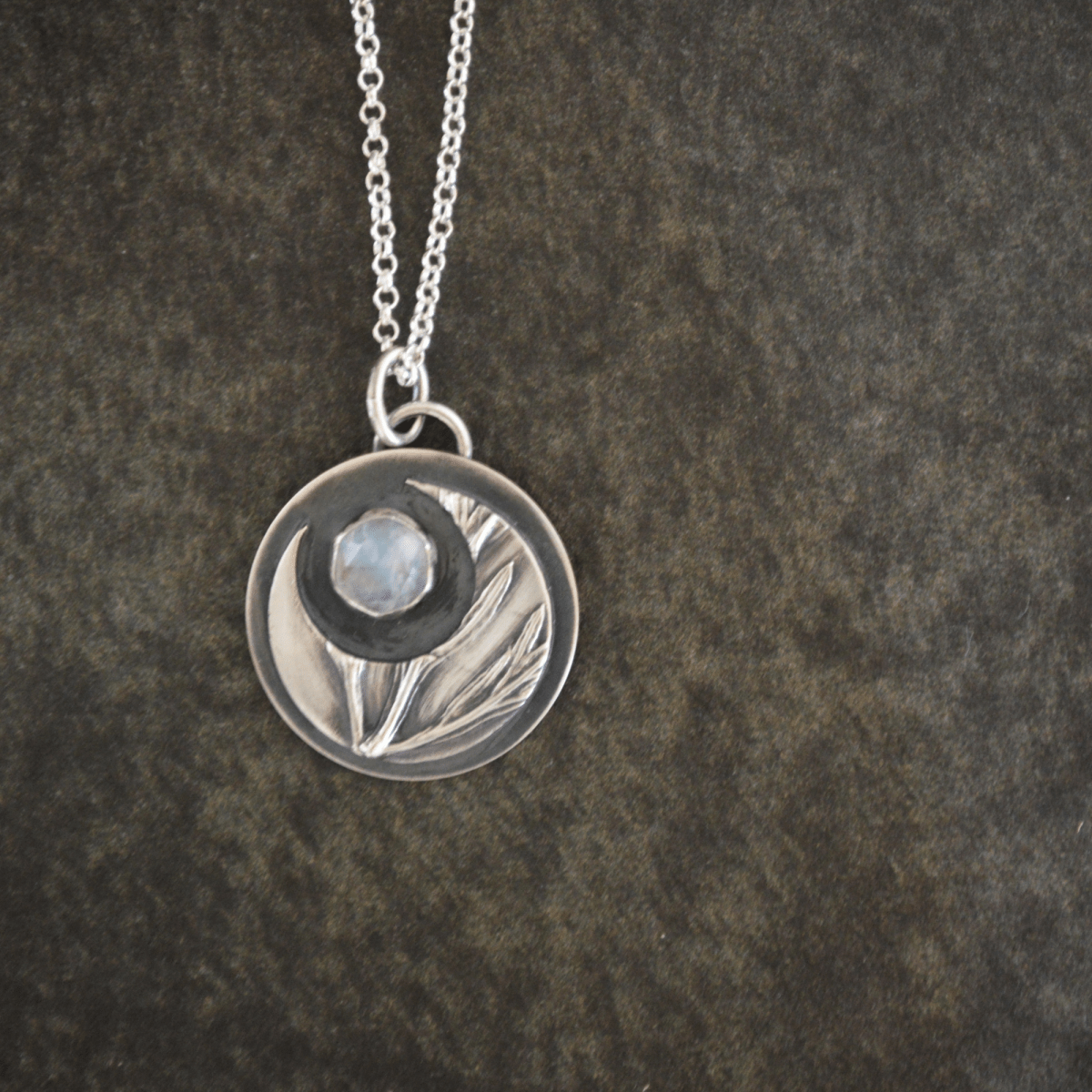 Crescent Moon Necklace, White Sage and Rainbow Moonstone - Gayle Dowell