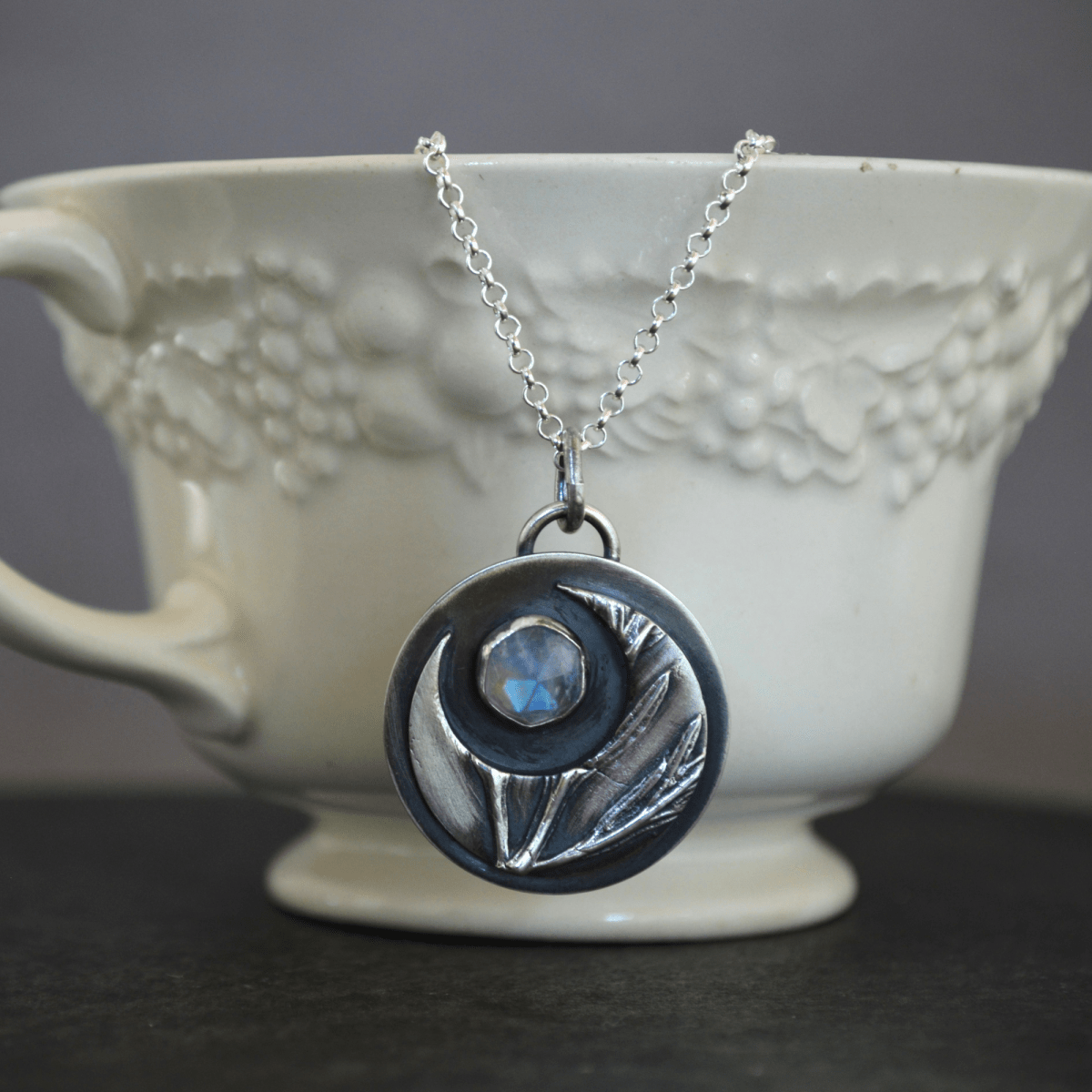 Crescent Moon Necklace, White Sage and Rainbow Moonstone - Gayle Dowell