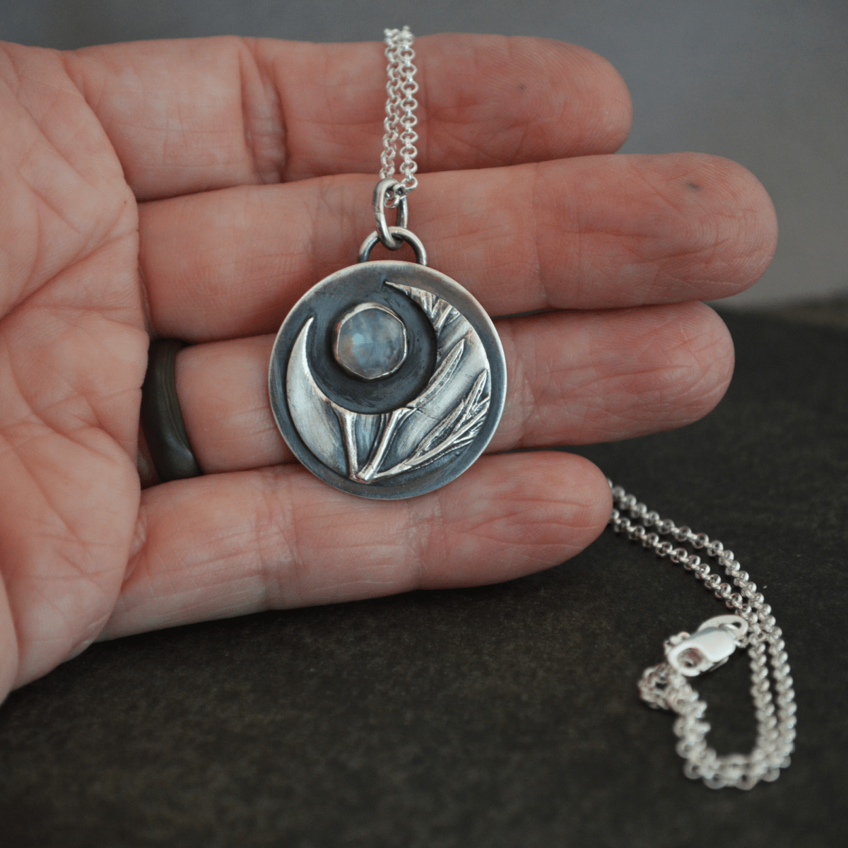 Crescent Moon Necklace, White Sage and Rainbow Moonstone - Gayle Dowell