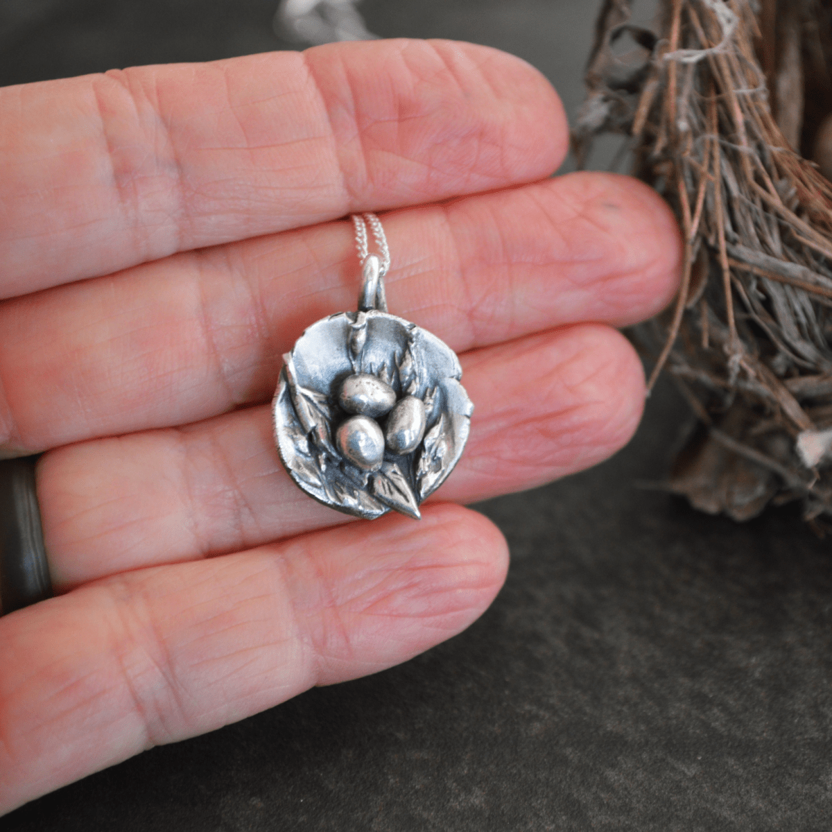 Feather Nest Necklace with Three Eggs - Gayle Dowell