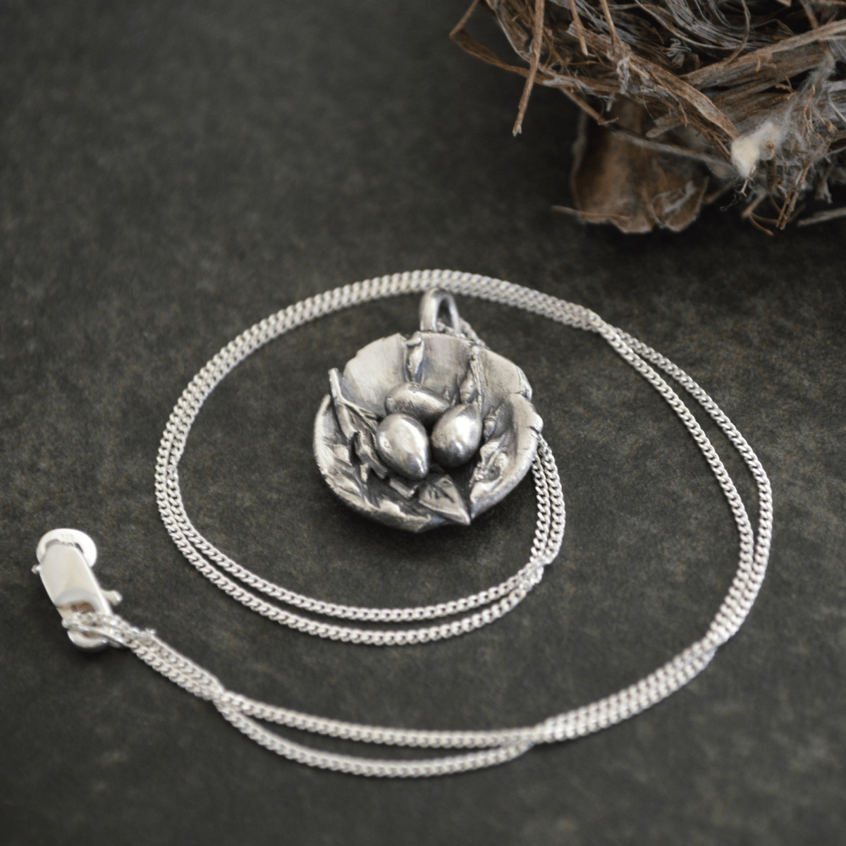 Feather Nest Necklace with Three Eggs - Gayle Dowell
