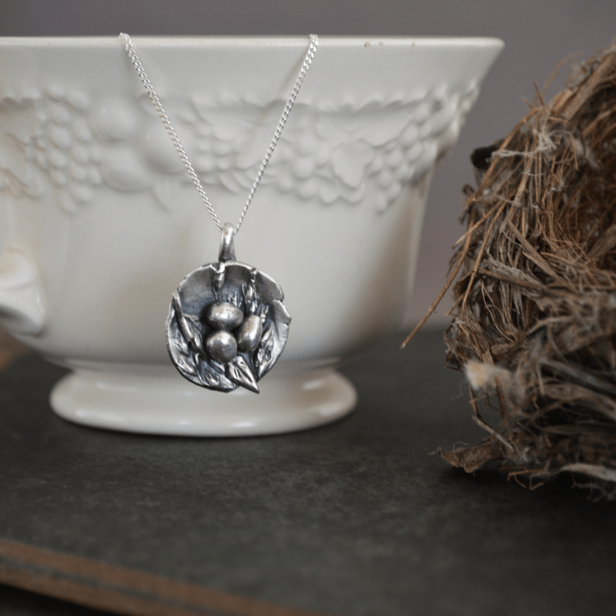 Feather Nest Necklace with Three Eggs - Gayle Dowell