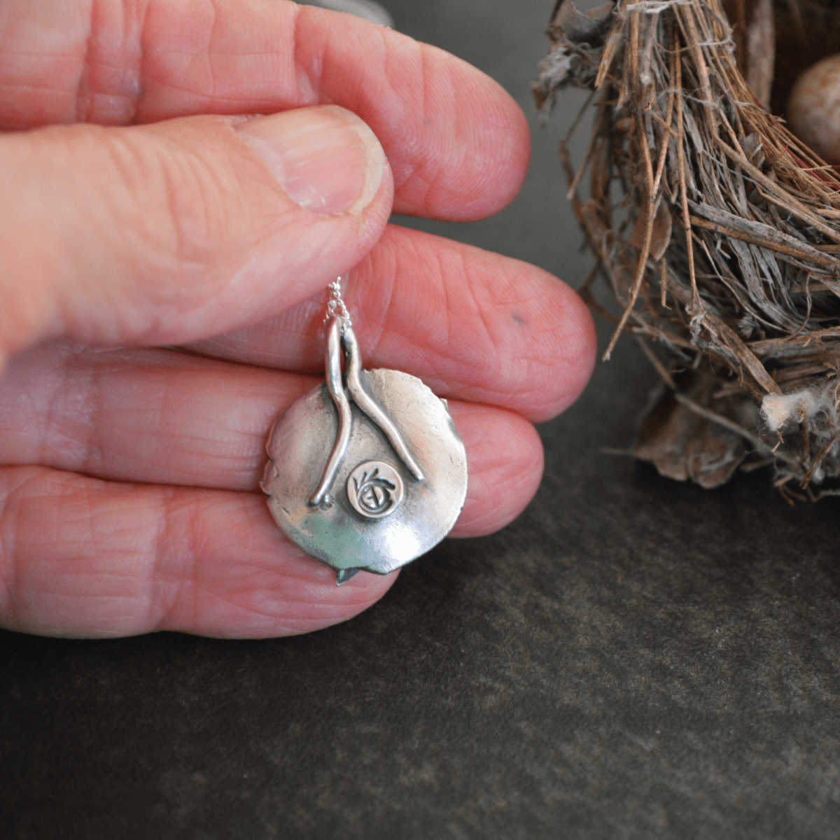 Feather Nest Necklace with Three Eggs - Gayle Dowell