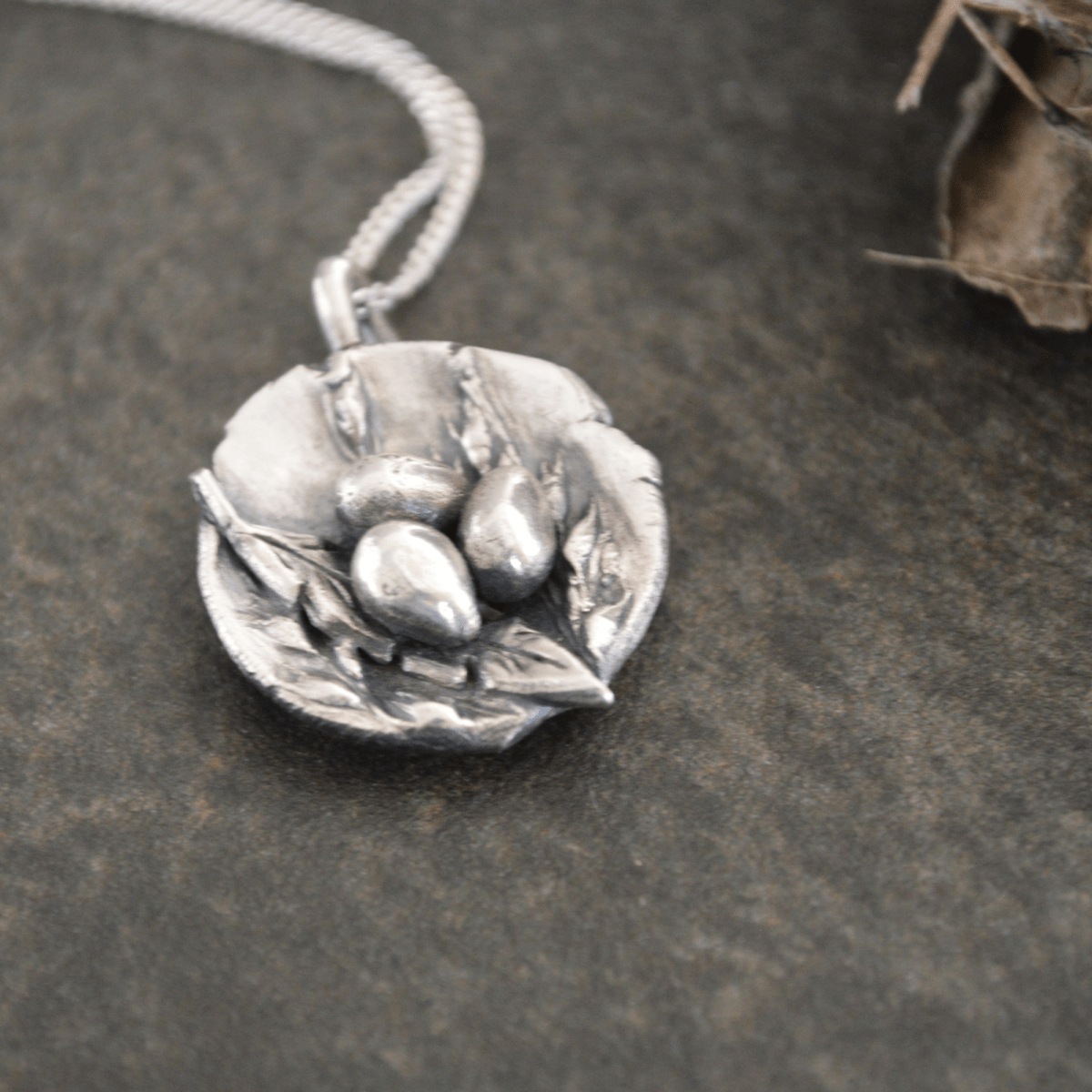 Feather Nest Necklace with Three Eggs - Gayle Dowell