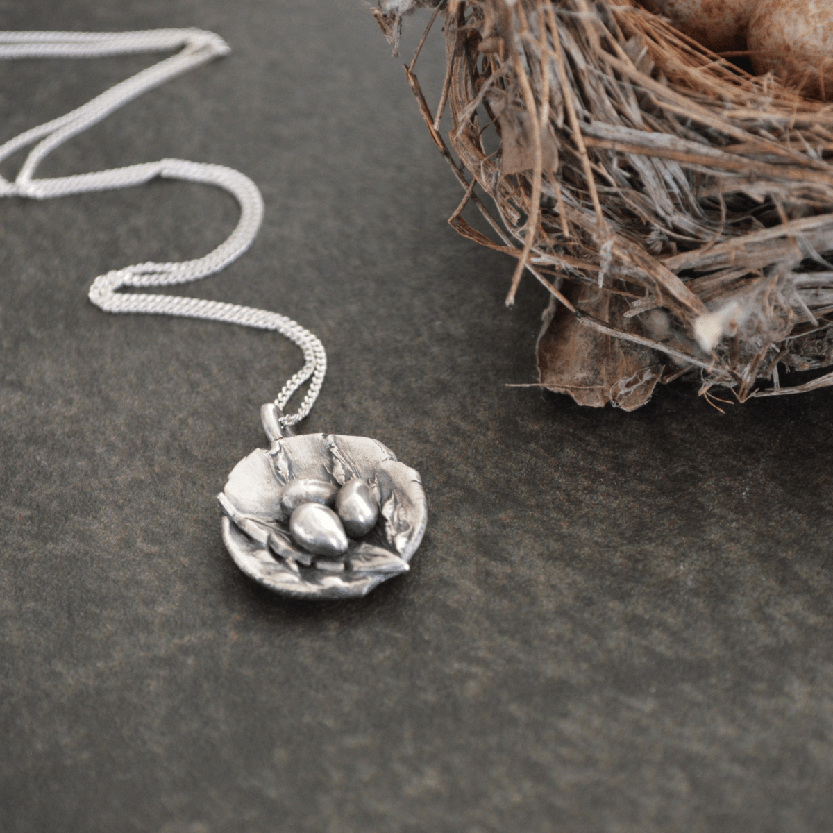 Feather Nest Necklace with Three Eggs - Gayle Dowell