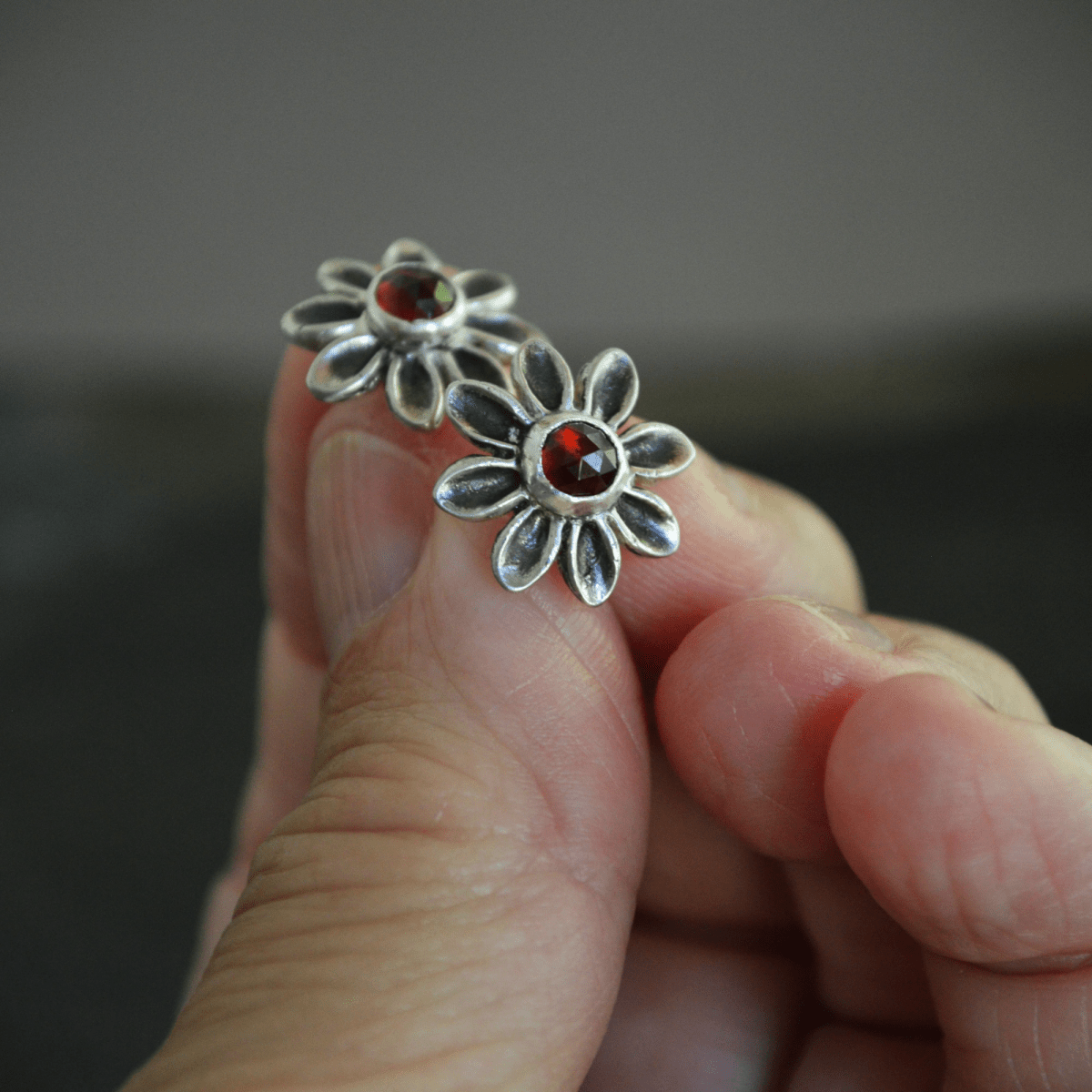 Garnet Stud Earrings, Daisy in Sterling Silver - Gayle Dowell