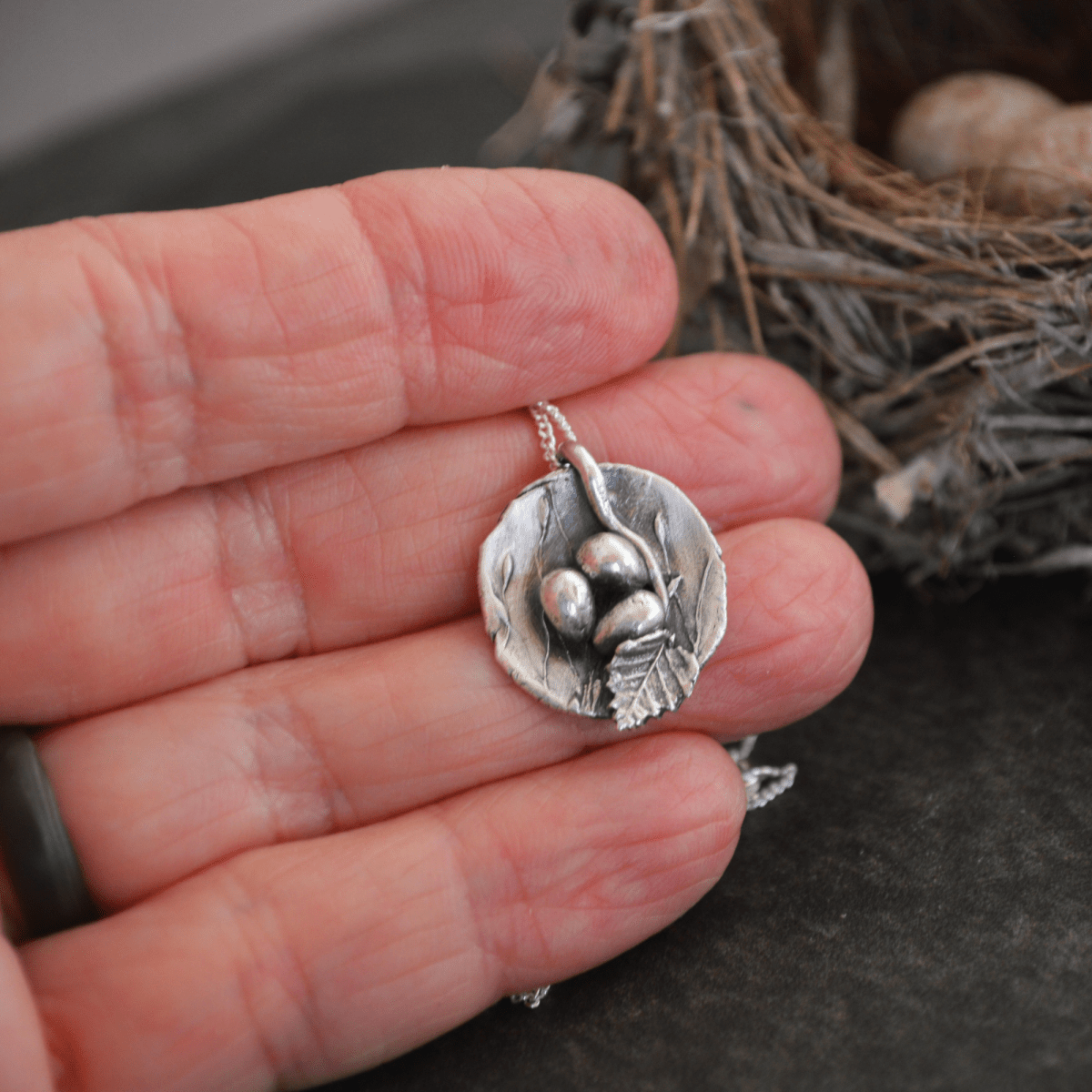 Nest Necklace with Three Eggs - Gayle Dowell